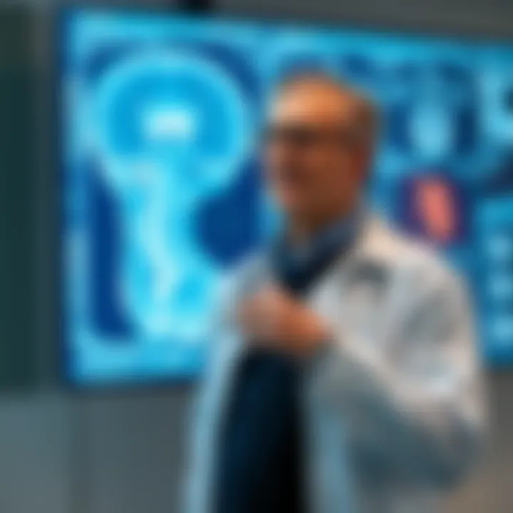 A hospital CEO stands in front of a digital screen displaying AI technology in medical imaging, highlighting the future of healthcare.