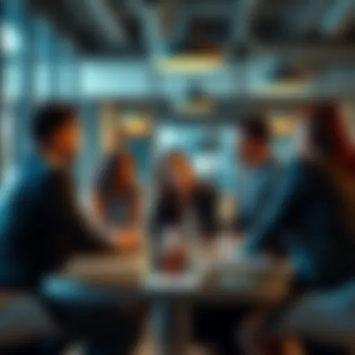 A group of people discussing the CEO boyfriend phenomenon in a modern office setting
