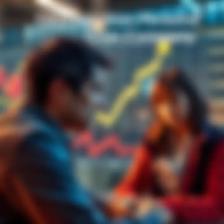 A frustrated employee looks at a declining stock chart, with a photo of a CEO focusing on family in the background