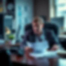 A concerned CEO sitting at a desk with papers, looking worried as he receives threats about job cuts affecting his family.