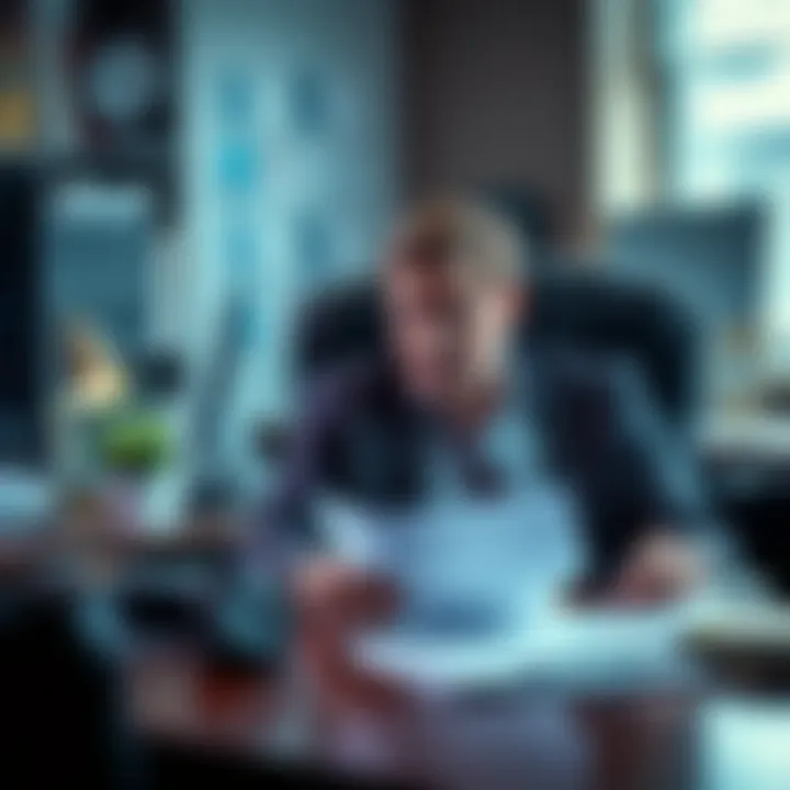 CEO in office facing threats A concerned CEO sitting at a desk with papers, looking worried as he receives threats about job cuts affecting his family.