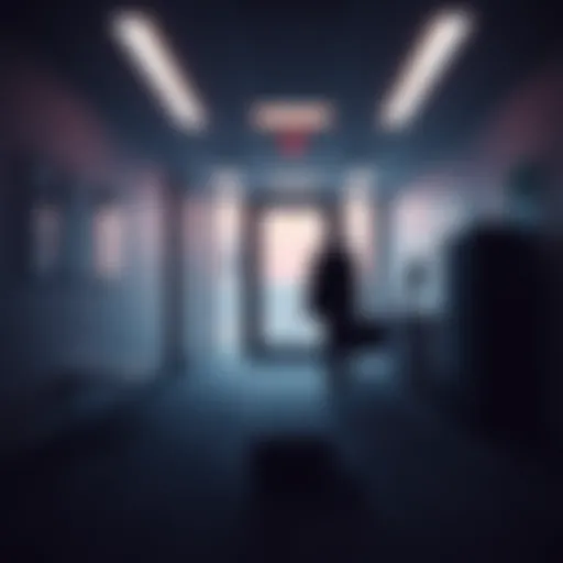 A corporate office with a darkened atmosphere, symbolizing the resignation of a CEO amidst harassment allegations, showing a silhouette of a person leaving an office with a box of personal belongings.