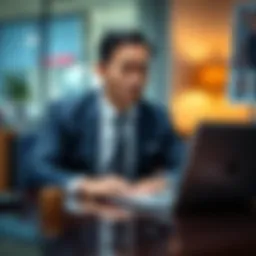 A man in a suit looking worried while sitting at a desk with a laptop, contemplating a return to his former CEO position after laying off employees via video call.