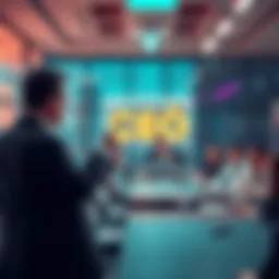 CEO warning staff about AI content A CEO stands at the front of an office meeting room, pointing sternly as employees listen attentively in concern.
