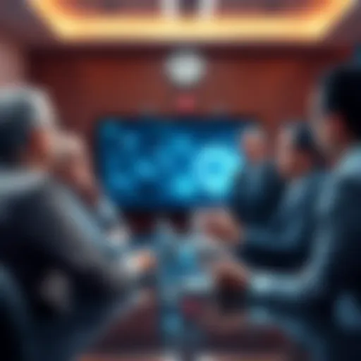 A group of CEOs discussing layoffs in a boardroom, with one pointing at an AI graphic on a screen, reflecting tension and concern.
