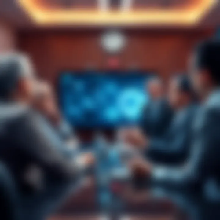 A group of CEOs discussing layoffs in a boardroom, with one pointing at an AI graphic on a screen, reflecting tension and concern.
