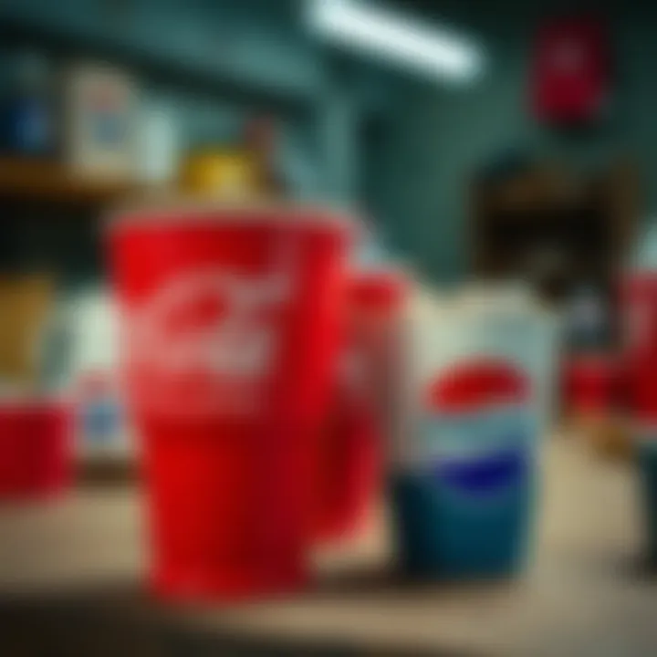 Handcrafted ceramic cups displaying the logos of Coca Cola and Pepsi, with a backdrop of a workshop.