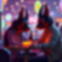 Cerberus, a three-headed dog, enjoys her first date in a vibrant setting with fun activities around them.
