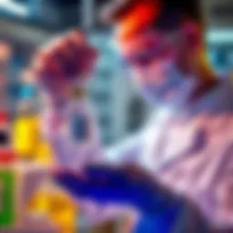 A scientist holds a vial of cerium medication, symbolizing its potential to relieve gout pain, with a background of clinical lab equipment.