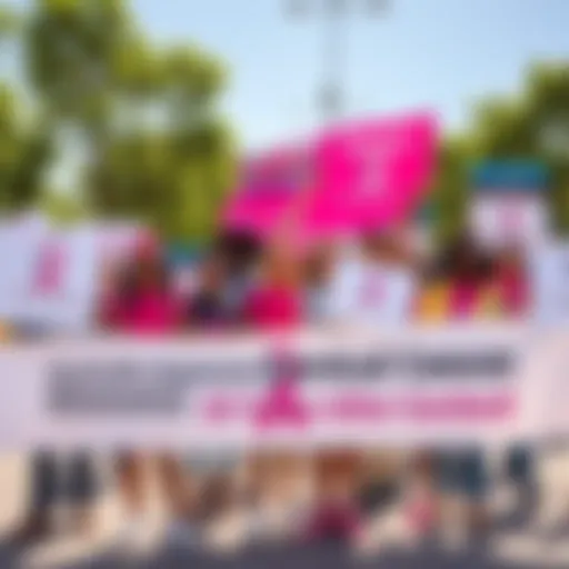 A group of diverse people holding banners promoting cervical cancer vaccination and awareness in a sunny outdoor setting