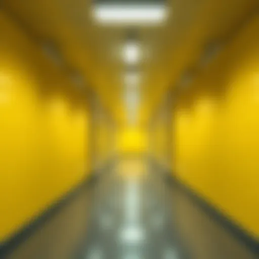 A visually striking CGI scene showing the Backrooms with endless yellow walls and fluorescent lights