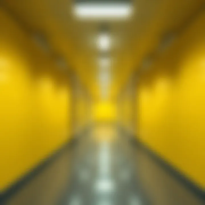 A visually striking CGI scene showing the Backrooms with endless yellow walls and fluorescent lights
