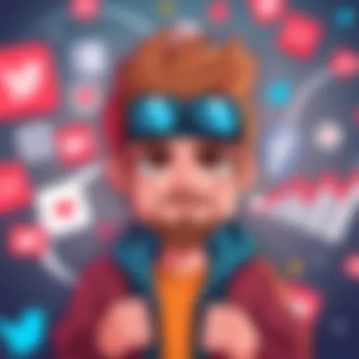 A digital illustration of a cartoon character resembling Chad Wojak, popular in meme culture, surrounded by various social media icons and trend graphs.