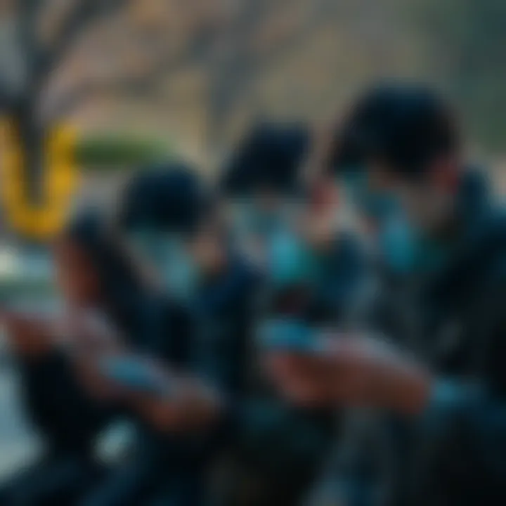 A group of people looking worried while using their phones, showing signs of frustration over an app, with a calming background of a park.