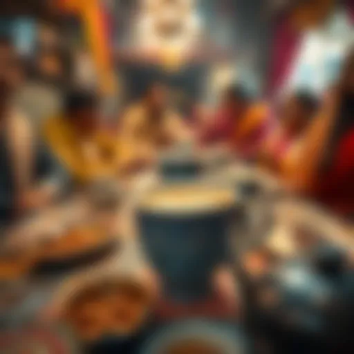 A steaming cup of chai on a table surrounded by people enjoying their tea and chatting