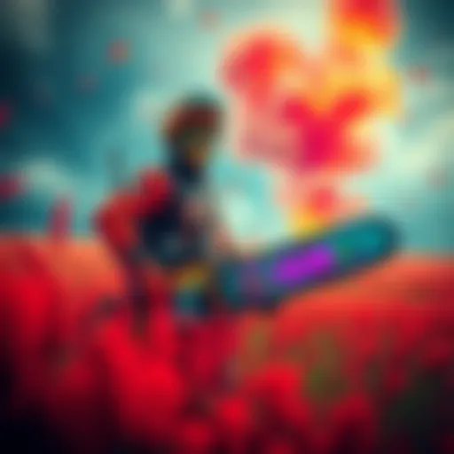 A creative blend showing Chainsaw Man's style merging with the colorful elements of Field of Mistria