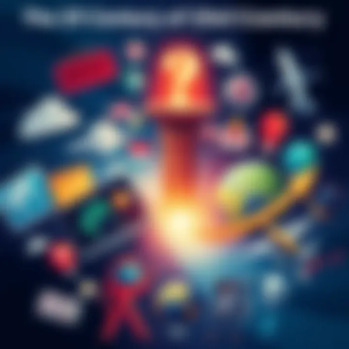 Illustration showing various symbols of climate change, technology, and social inequality, representing major challenges faced by society today.