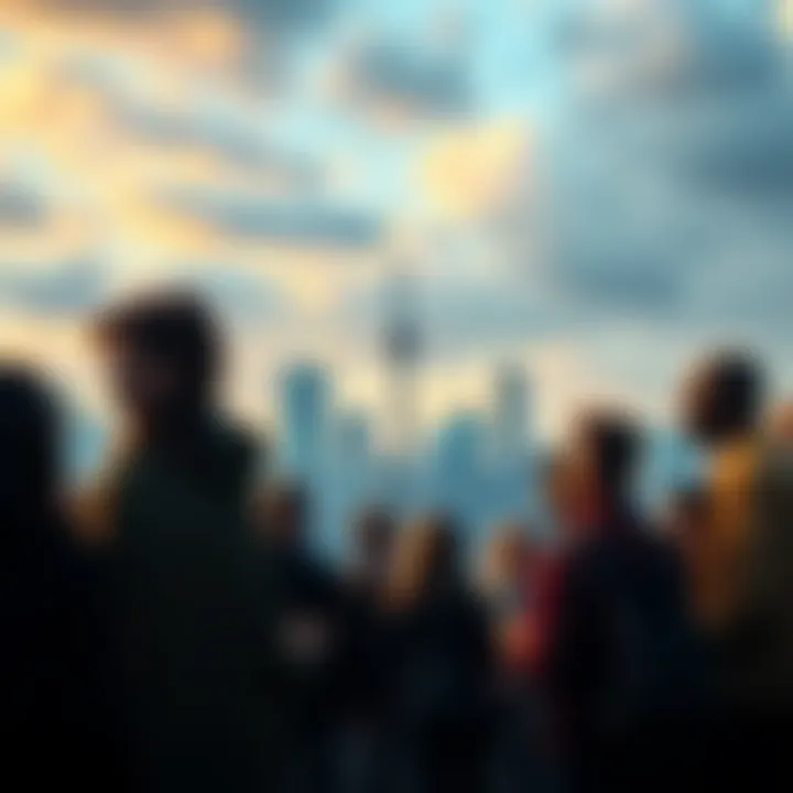 A diverse group of people discussing ideas and viewpoints, reflecting different perspectives on a topic, with a backdrop of a city skyline.