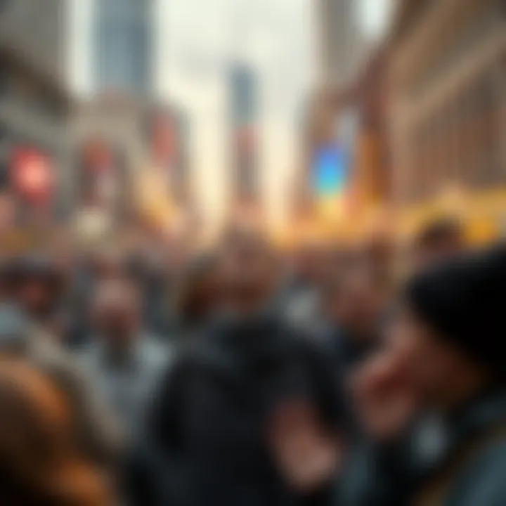 People reacting to breaking news in a crowded city square, showing shock and confusion on their faces.