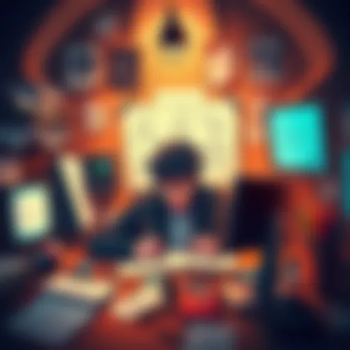 A stressed indie game developer surrounded by messy sketches and computer screens, showcasing the challenges of finding a 3D artist.