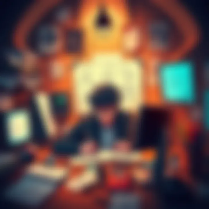 A stressed indie game developer surrounded by messy sketches and computer screens, showcasing the challenges of finding a 3D artist.