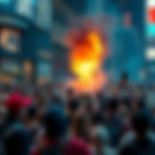 A crowd in a city square filled with people reacting to a chaotic event, with signs and expressions of concern