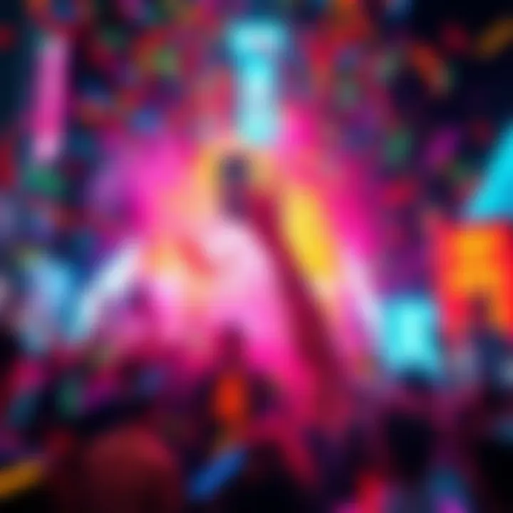 A colorful and chaotic scene with vibrant colors and dynamic lighting, resembling a photo taken with an iPhone 6 flash.