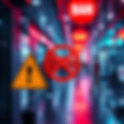 A digital announcement showing a ban on minors in a chat app, with warning signs and chat icons.