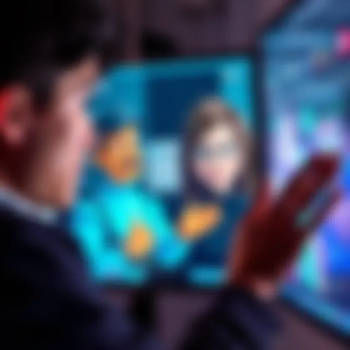 A person engaged in a conversation with a digital character on a screen, showing expressions of curiosity and amusement.