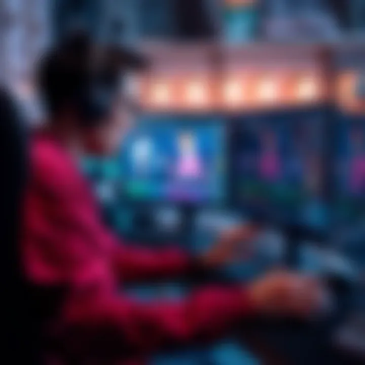 A digital artist working on character rigging and timing in animation software, with keyframes and onion skin layers visible on the screen.