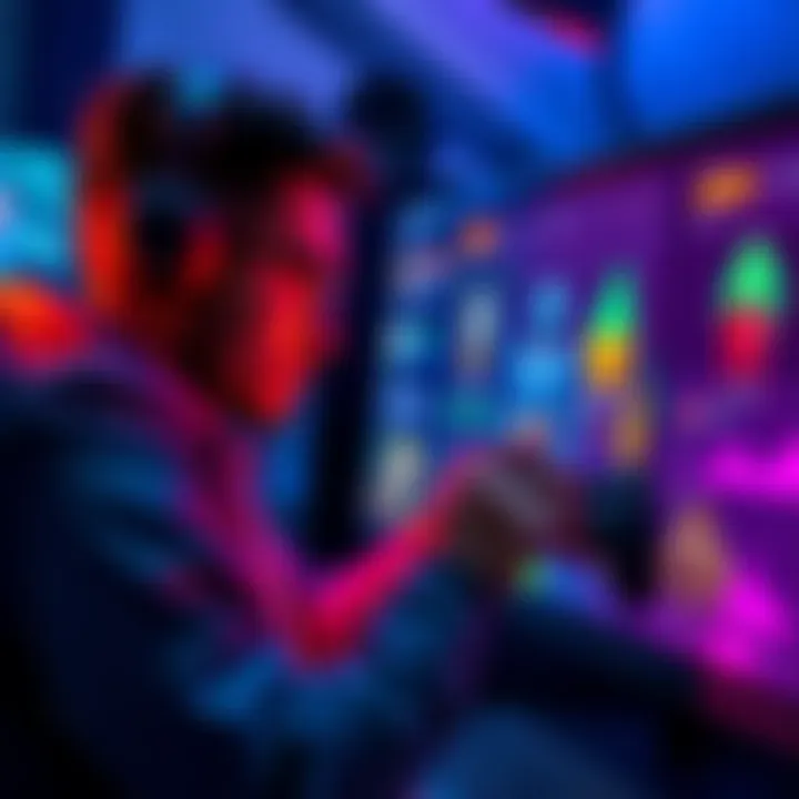 A gamer with a focused expression customizes their character on a computer screen, showing various gear and stats being adjusted.