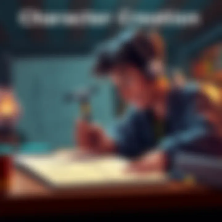 An artist sketches character designs with notes on personality traits and backgrounds, showcasing the importance of character development in storytelling.