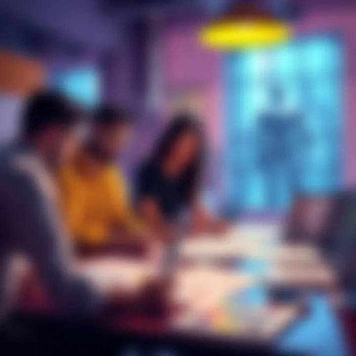 People discussing a new character design with sketches and color palettes on a table.
