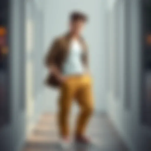 A character with unique proportions confidently wearing stylish pants, showcasing a balanced design and good fit.