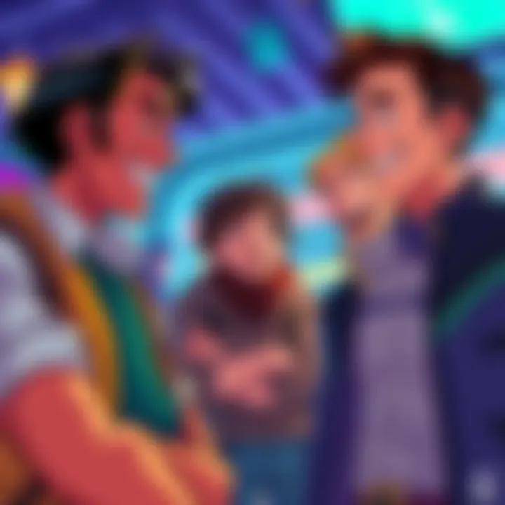 Characters exchanging playful banter with visible emotions in a lively scene