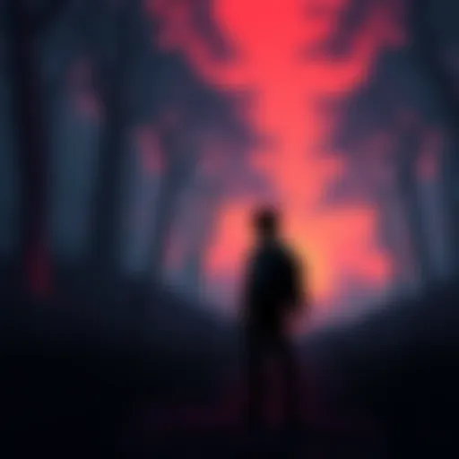 A game character standing at a crossroads, contemplating choices that lead to permadeath, with a dark forest in the background