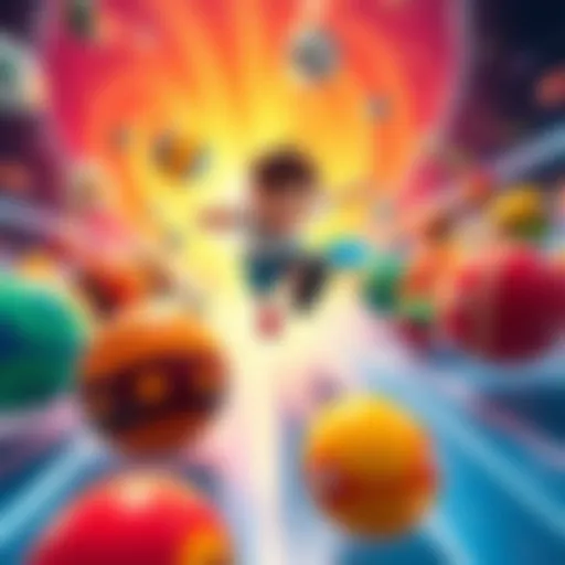 A character leaps between colorful marbles in a high-speed racing scene, showcasing dynamic movement and excitement.