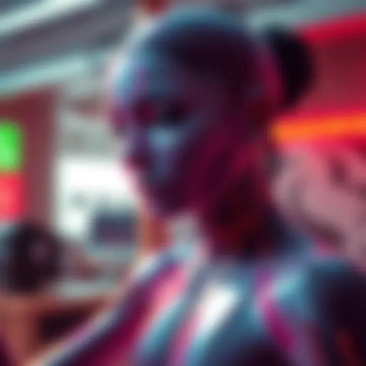 A digital character showcasing realistic plastic skin texture in a vibrant setting.