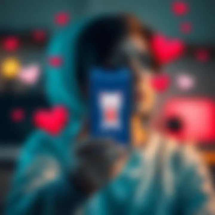 A person looking upset while holding a phone displaying a missing character from an app, surrounded by symbols of loss like broken hearts