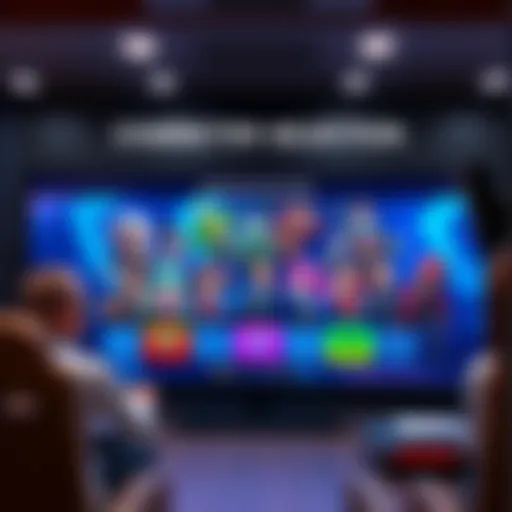 A colorful character selection screen featuring various animated characters and options for players to choose from.