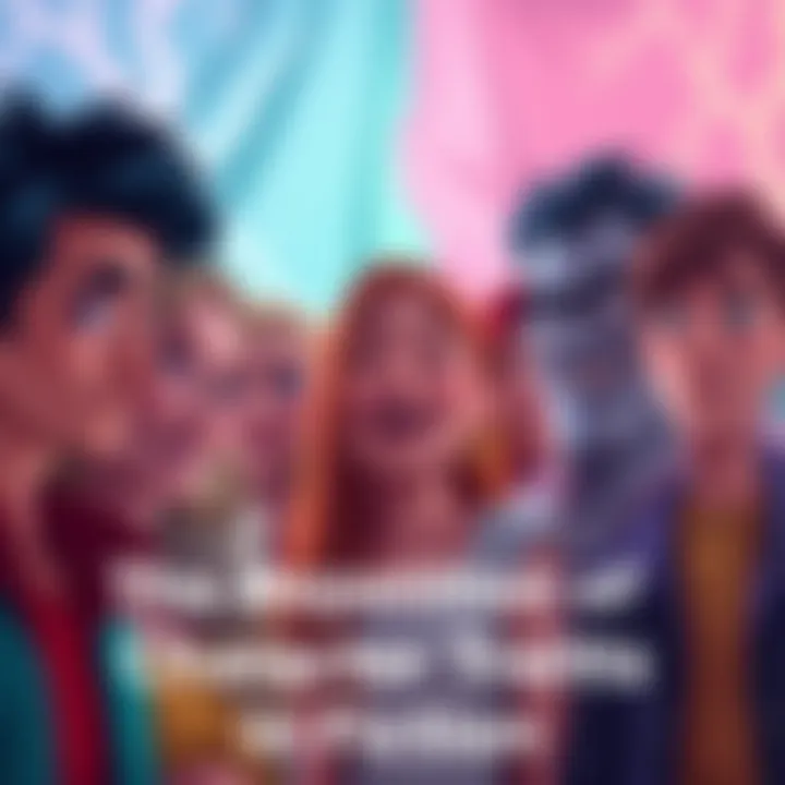 Illustration of diverse fictional characters with common traits like being tall and smirking, showcasing their similarities in a colorful setting.