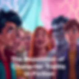 Character Traits in Fiction Illustration of diverse fictional characters with common traits like being tall and smirking, showcasing their similarities in a colorful setting.