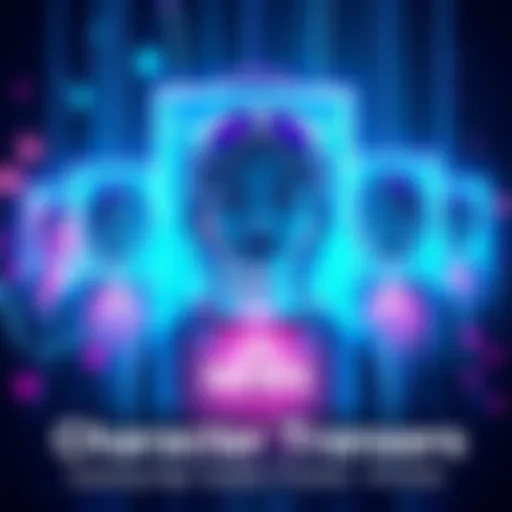 Illustration of digital characters being transferred with glowing effects, symbolizing high-quality character transfers