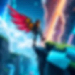 A gaming character stepping off the edge of a colorful game world, about to unlock flying ability.