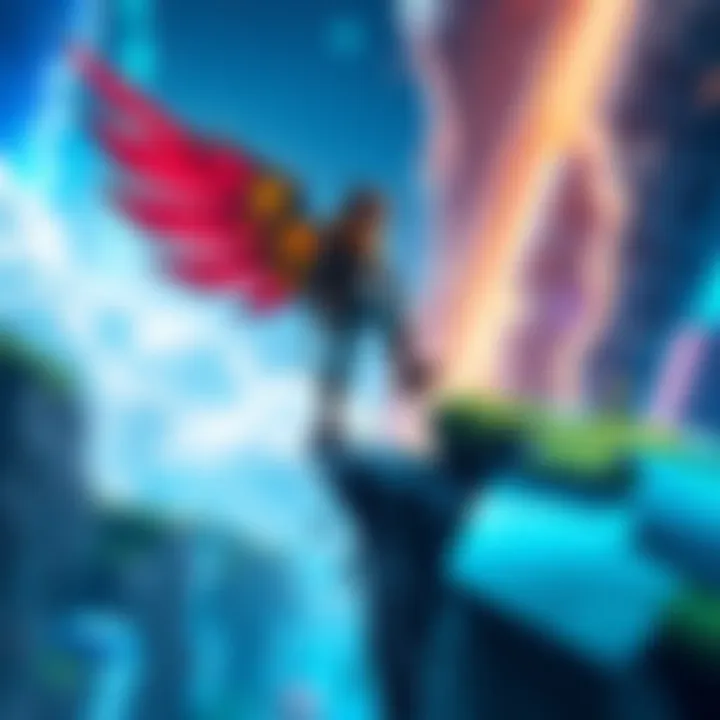A gaming character stepping off the edge of a colorful game world, about to unlock flying ability.