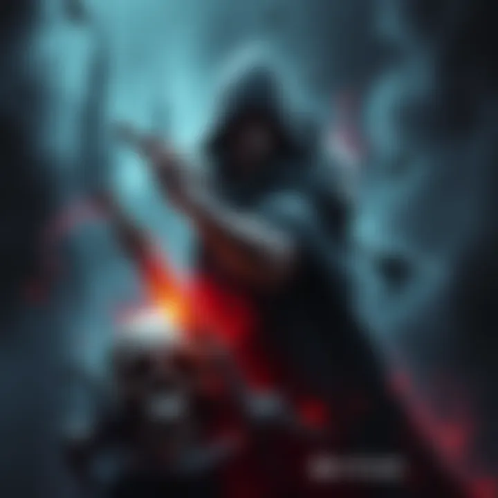 A character holding a knife stands ominously beside a skull, surrounded by dark and chaotic imagery, reflecting themes of dread and brutality.