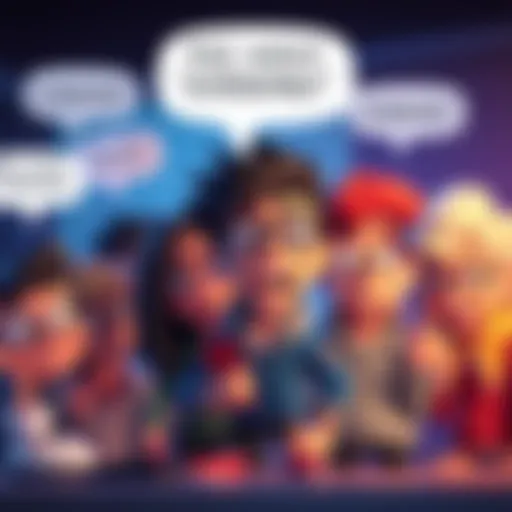 Several animated characters in conversation with exaggerated expressions, each using the word suddenly in speech bubbles.