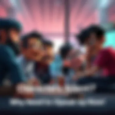 A group of animated characters expressing emotions in a lively conversation, highlighting the importance of dialogue in storytelling.