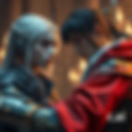 Two characters in a fantasy setting, deeply involved in a roleplaying scenario, showcasing intense expressions and elaborate costumes.