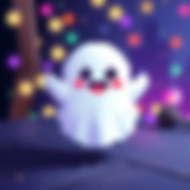 A pixel art representation of a cute ghost, with a friendly smile and floating effect, showcasing vibrant colors and details suitable for cross-stitch patterns.